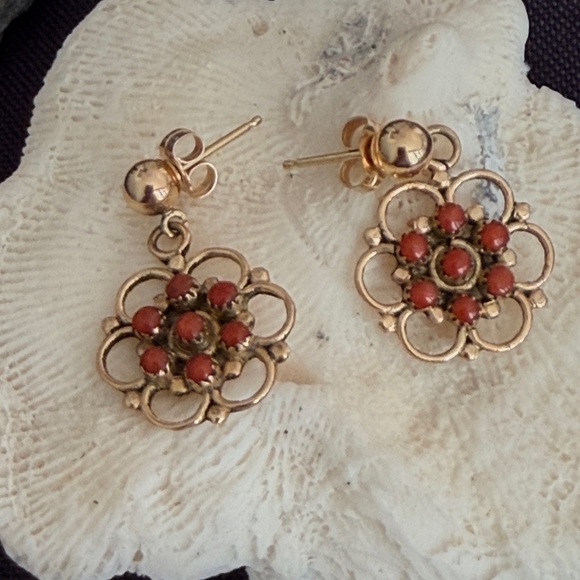 Vintage Zuni Native American Handcrafted 14K Red Coral Earrings - Picture 8 of 12